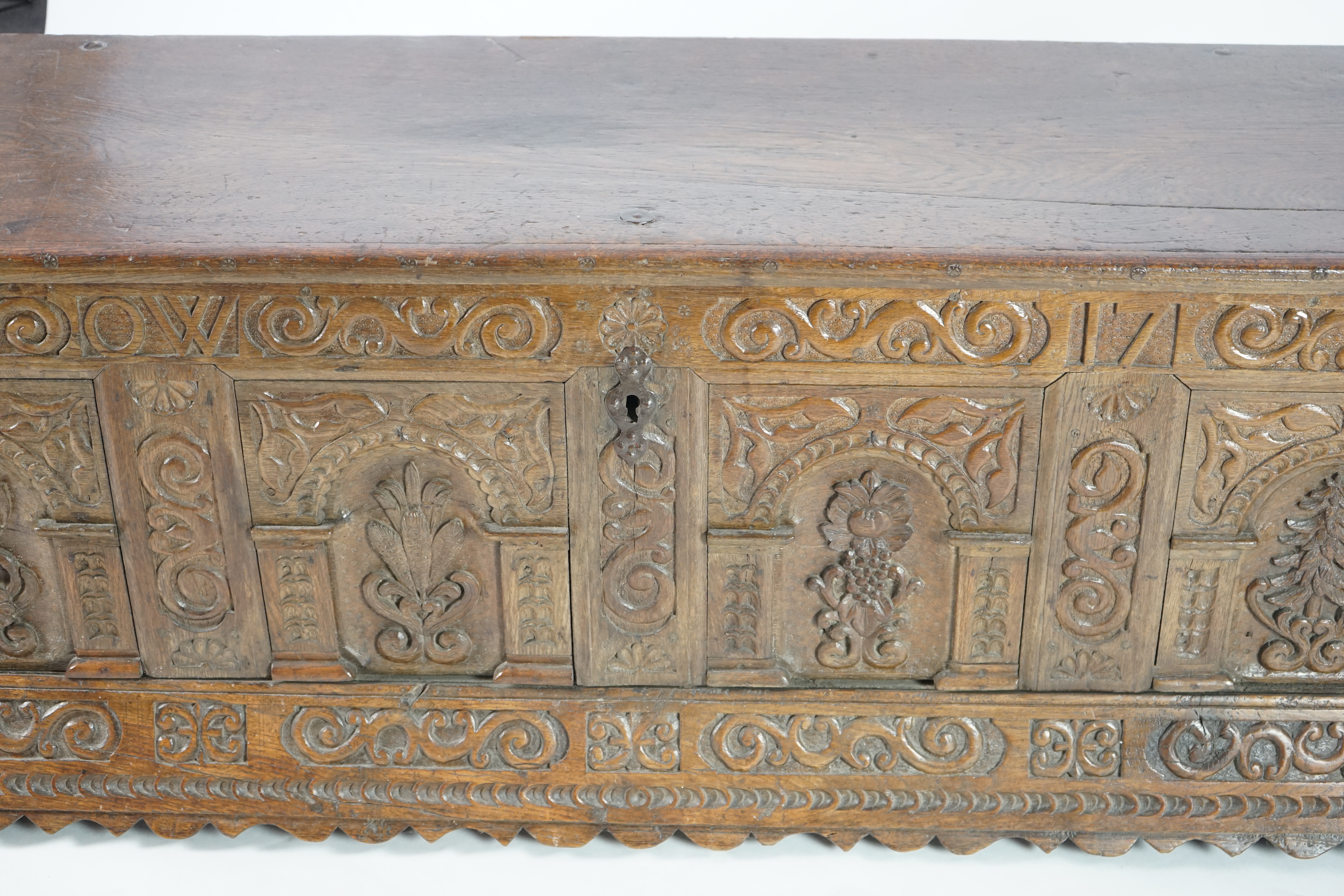 A mid 18th century German carved oak marriage chest